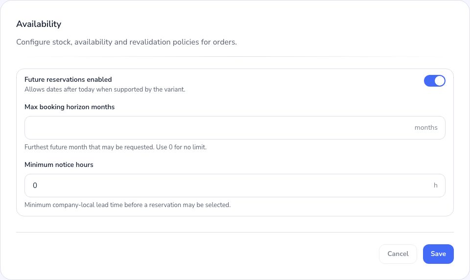 The availability and lead time setting in the Admin
