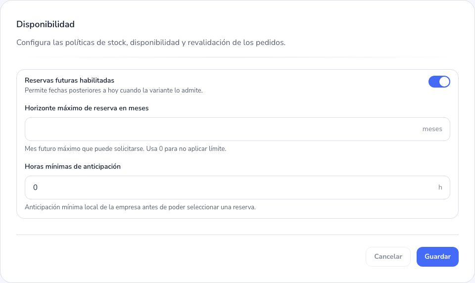 El ajuste de disponibilidad y antelación del Admin