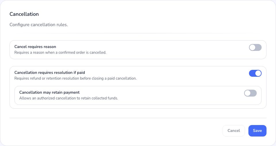 The cancellation rules in the Admin