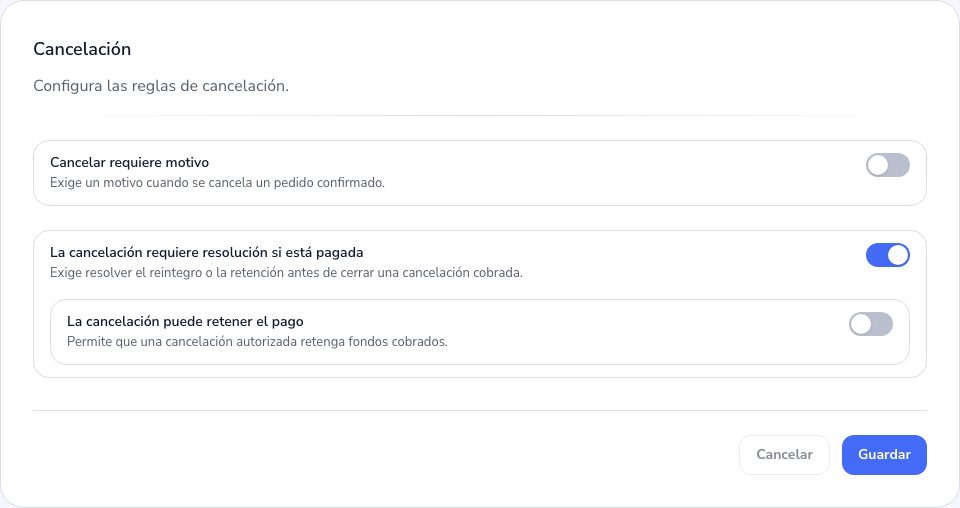 Las reglas de cancelación del Admin