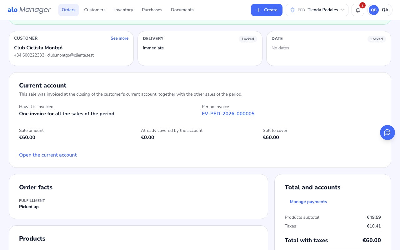 An order's Current account card, already invoiced at the closing