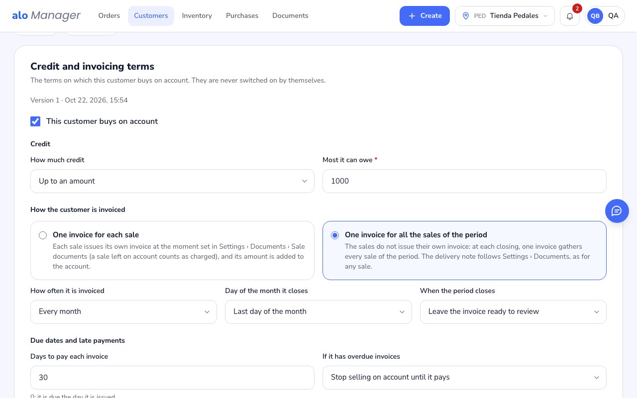 A customer's credit and invoicing terms