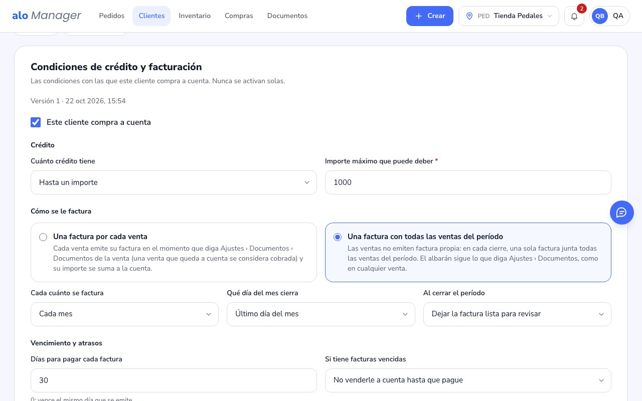 Las condiciones de crédito y facturación de un cliente