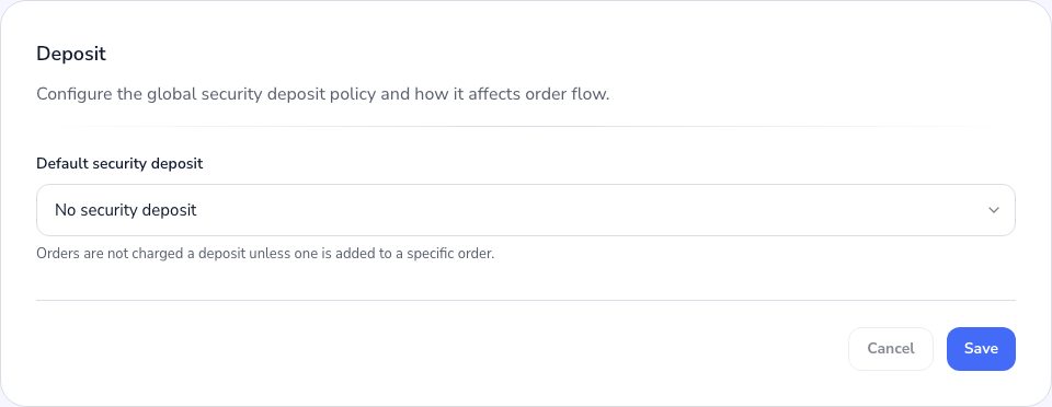 The security deposit setting in the Admin