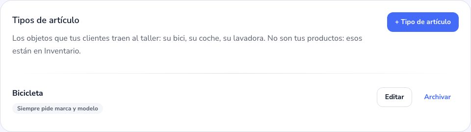 Los tipos de artículo del taller en el Admin