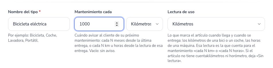 El aviso de mantenimiento de un tipo de artículo
