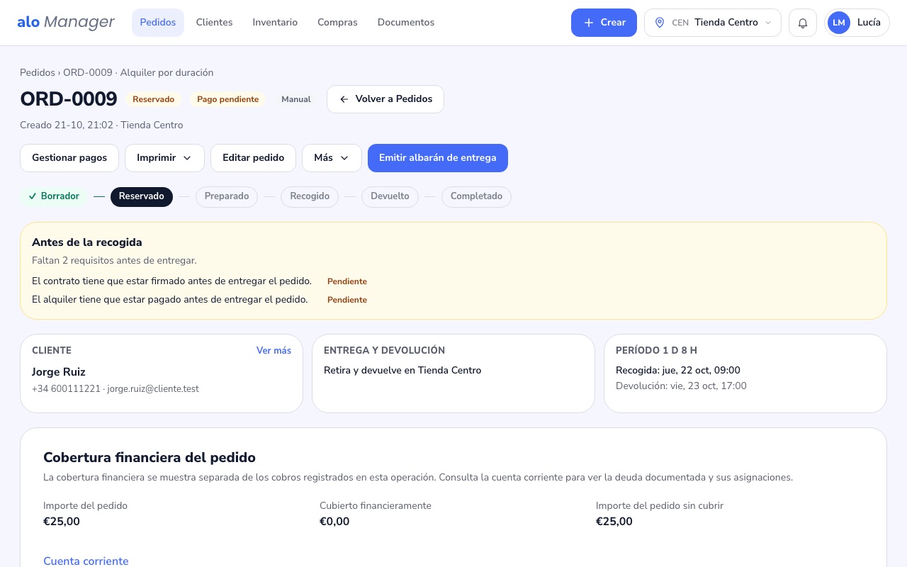 Un pedido de alquiler reservado con su período