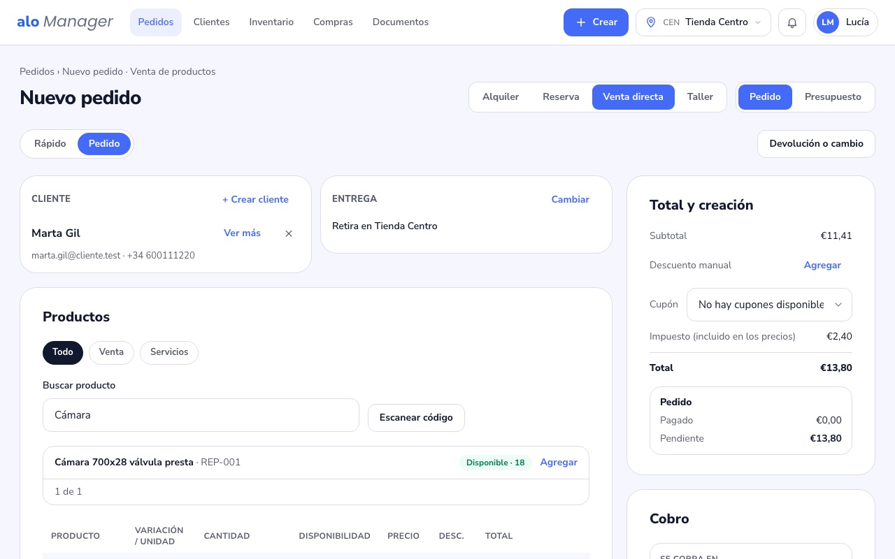 Una venta directa con su producto y su total
