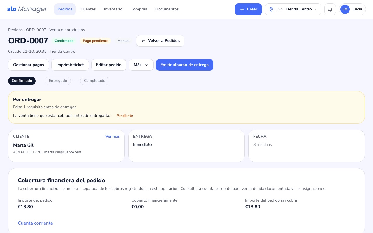 El pedido de una venta con lo que falta para entregarla