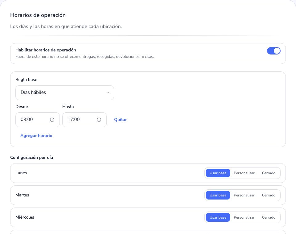 Los horarios de operación de una ubicación en el Admin