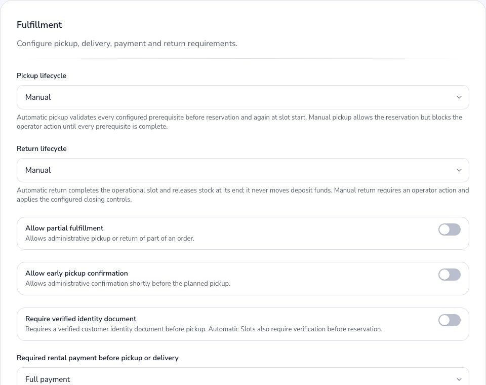 The pickup and return requirements in the Admin