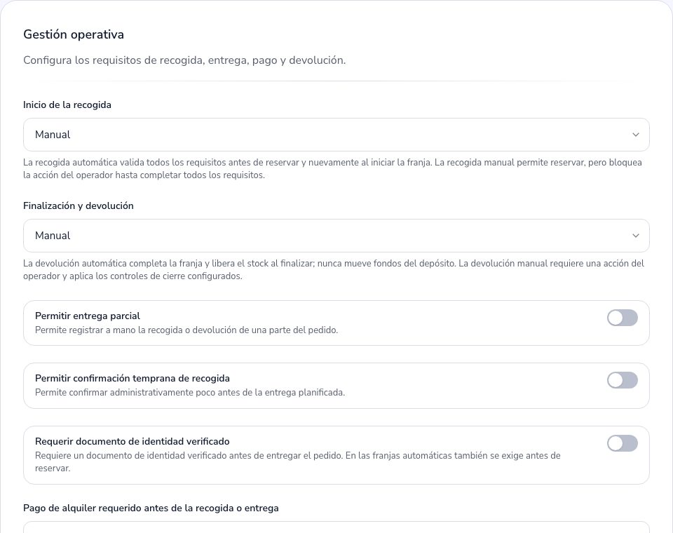 Los requisitos de recogida y devolución del Admin