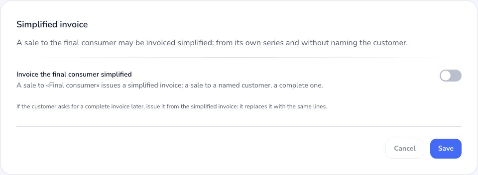 The simplified invoice setting in the Admin